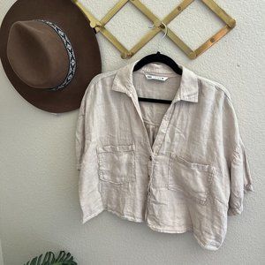 Zara Neutral Tan 100% Linen Button Down Collared Blouse Shirt Lagenlook Minimal